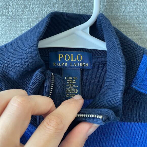Polo Ralph Lauren Sweater Kids L 14-16 Blue Striped 1/4 Zip Mock Neck Preppy - Picture 10 of 12